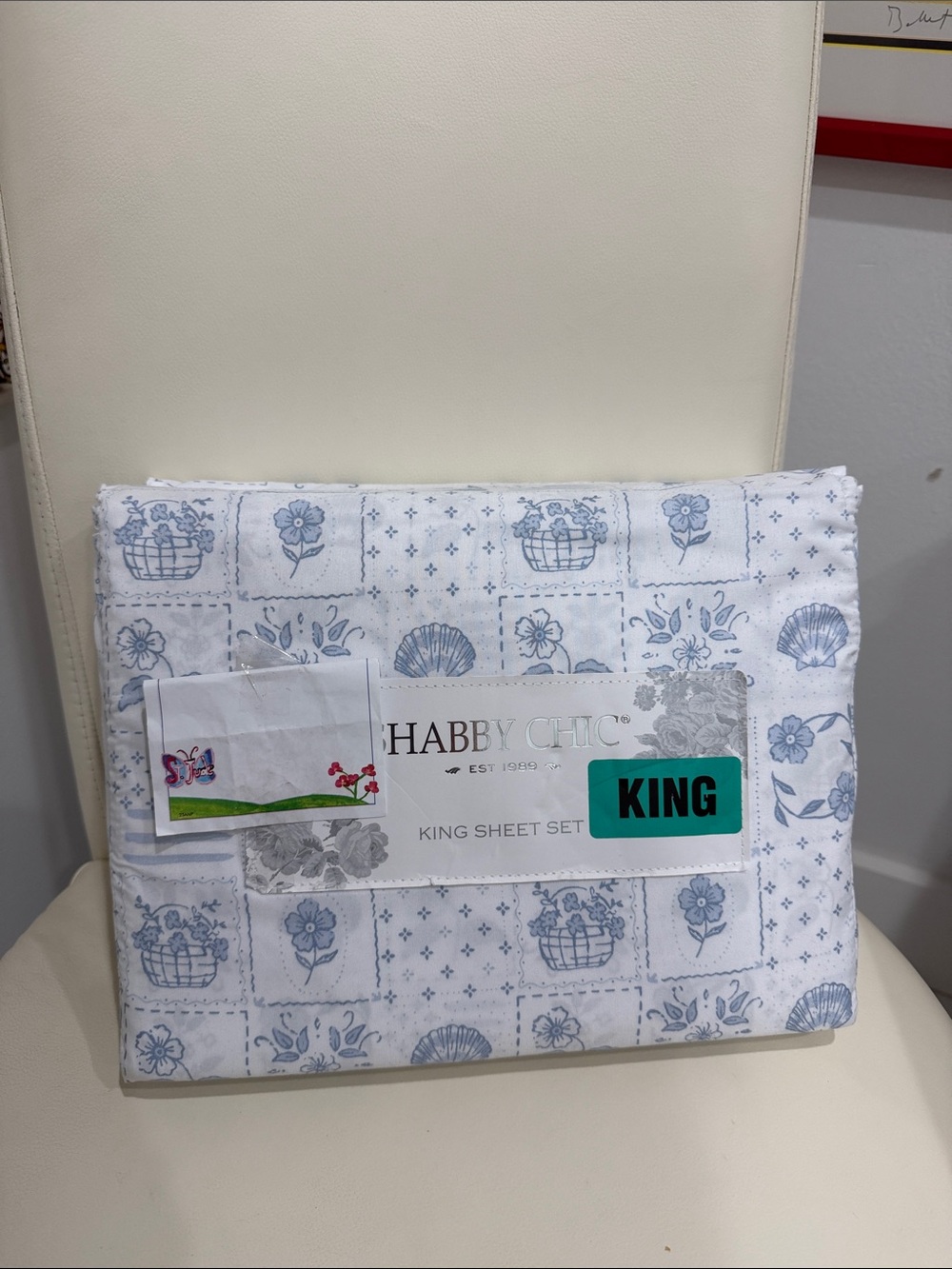 Shabby Chic White and Light Blue King Sheet Set with Floral & Shell Motif